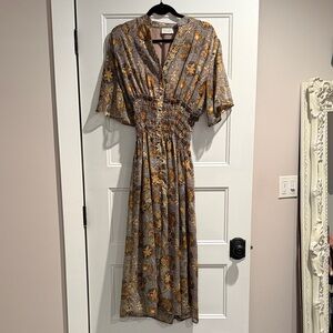 Dress Forum Midi Dress with Gold and Brown Floral Design and Sparkle Accents